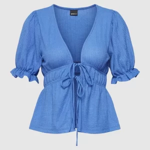 Gina Tricot Kurzarmbluse Mit Schnürung Modell ‘Daisy’ – Ozean Blau 9